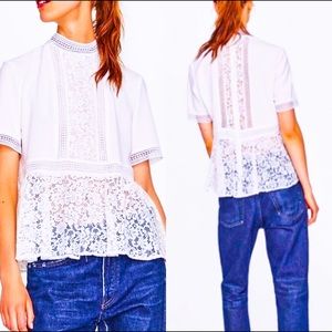 NWT Zara White Contrast Lace Top